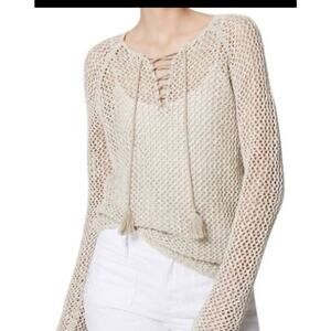 Ann Taylor Loft Womens XL Beige Lace-Up V-Neck Open Weave Sweater